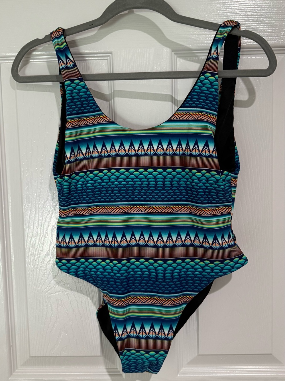 Vibrant Teal & Black Striped Reversible One-Piece Swimsuit
